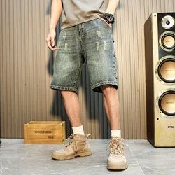 Short Jeans Pants for Men with Pockets Man Denim Shorts Ripped Cargo Buttons Harajuku Wide New in Blue Rude Korean Fashion Retro