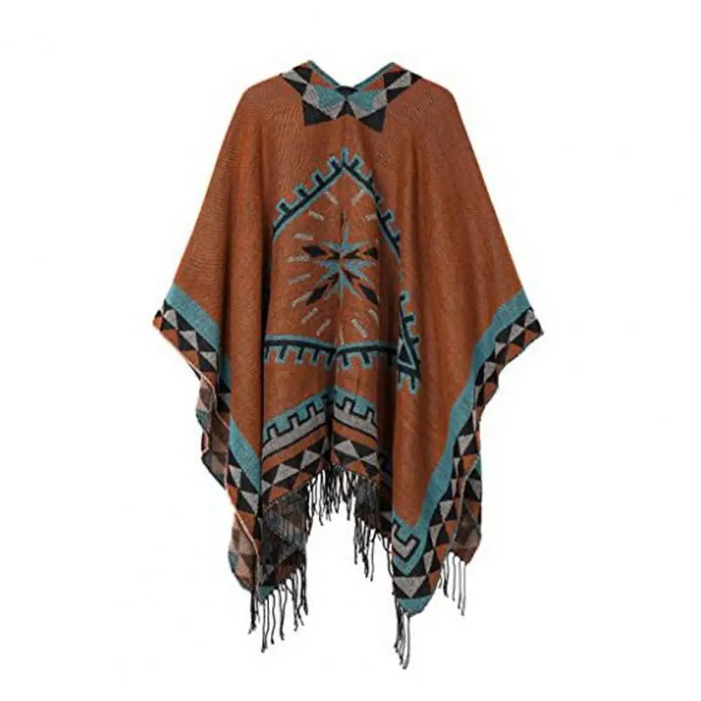 Women Shawl Vintage Print Tassel Irregular Hem Loose Imitation Cashmere Open Sticth Fall Winter Cape Poncho