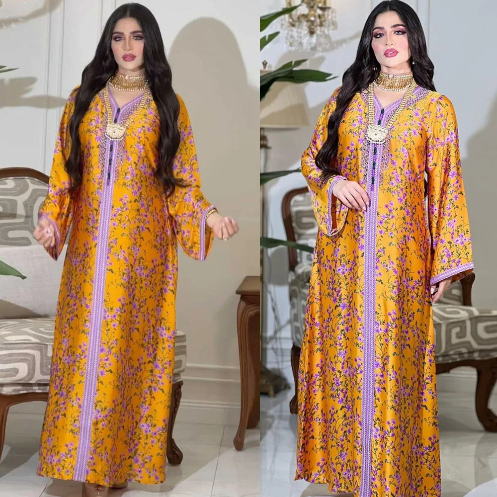 

Eid Floral Printed Abaya Long Dress Women Arabic Party Gown Muslim Loose Robe Saudi Gulf Jalabiya Moroccan Kaftan Maroon Caftan