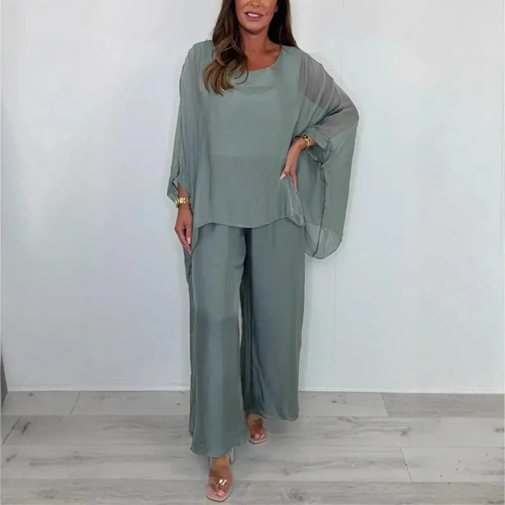 Summer Fashion Loose Chiffon Long-Sleeved Top And Wide-Leg Pants Casual Suit for Women European And American Style