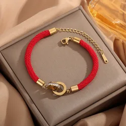 Stainless Steel Bracelets Roman Number Interlock Circle Braided Lucky Red Rope Fashion Charm Bracelet For Women Jewelry Gifts