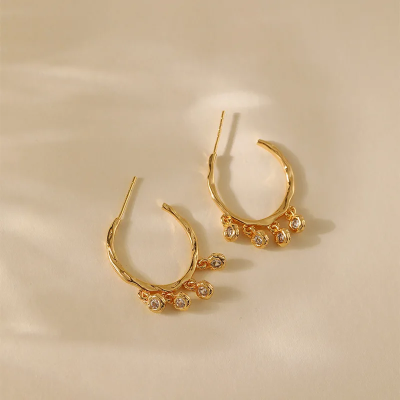 Unique 24K Gold AU999 Light Luxury Bubble Diamond Small Tassel Earring for Women, low-key luxury and exquisite texture