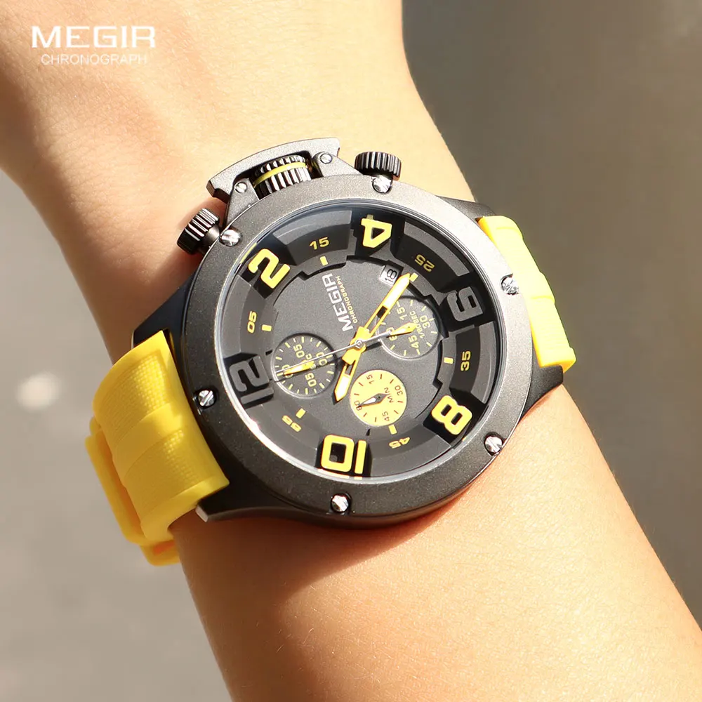 MEGIR Big Dial Sport Quartz Watch for Men Fashion Waterproof Chronograph Wristwatch with Date Silicone Strap Luminous Hands 8115