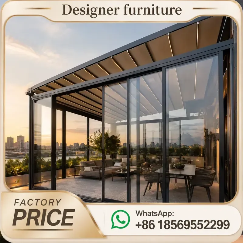 Aluminum Retractable Pergola With Glass Enclosure Waterproof Rooftop Canopy For Urban Terrace Outdoor Sun Rain Shade