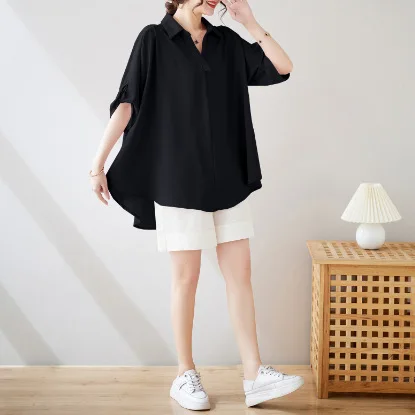 2025 Summer New Large-size Women's Solid Color Loose Belly-covering Medium-length Chiffon Top Short-sleeved Shirt