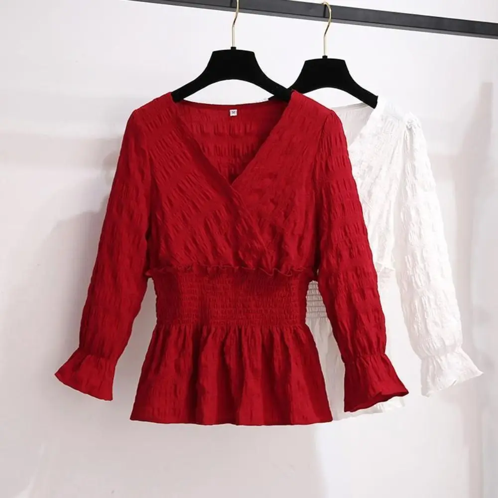 

Casual V-neck Chiffon Thin Shirt Slim Fit Solid Color Chiffon T Shirt Women Ruffled Edge Long Sleeve Ladies Tops Streetwear