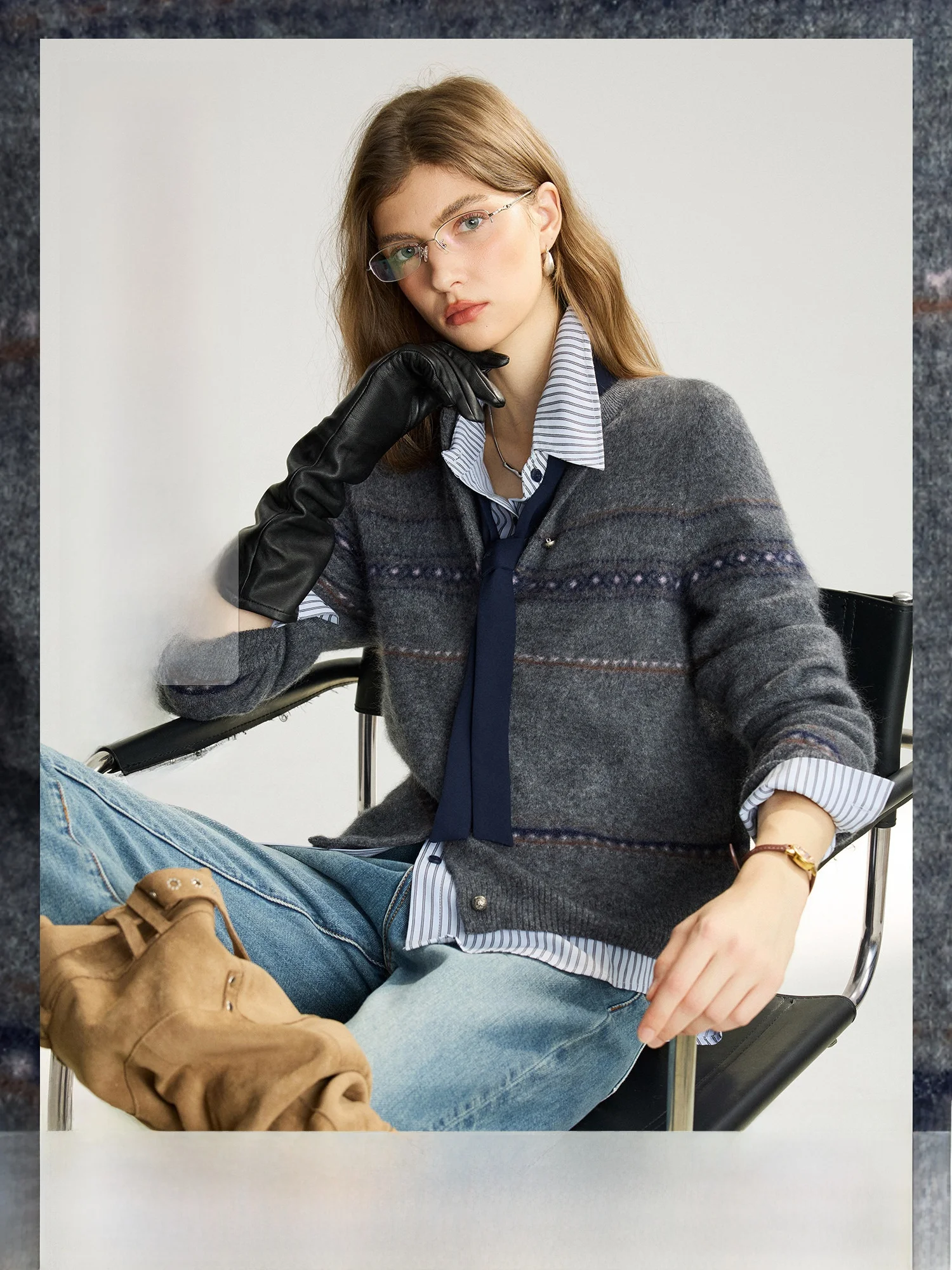 

Soft Gold Fce Camere Knitted Open Cardigan Classic Fair Isle Bright Tead Nordic Wildern Casual Loose Fit Women's Sw...