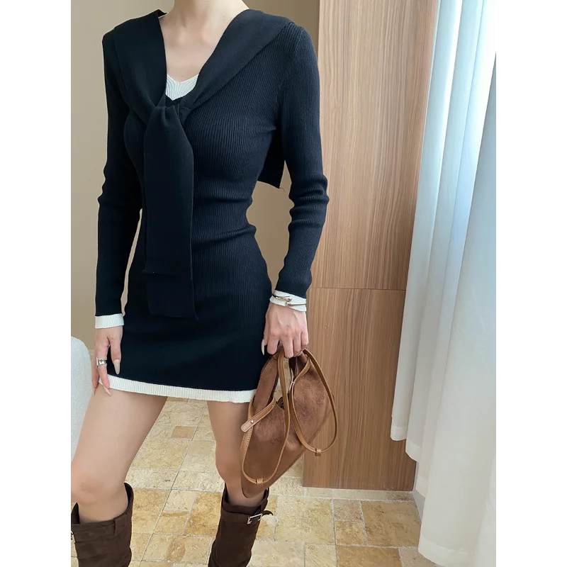 

Французское контрастное искусственное вязаное платье из двух частей с шалью и v-образным вырезом, женское модное простое базовое элегантное эластичное вязаное короткое платье с длинными рукавами