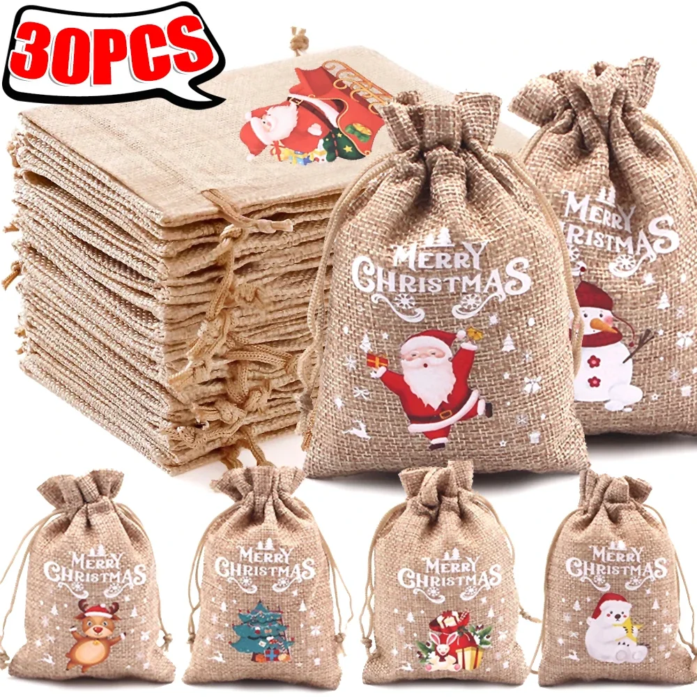 Bolsas de lino con cordón para Navidad, bolsas de arpillera para guardar joyas, pulseras, dulces, galletas, regalos para niños, 1/30 piezas