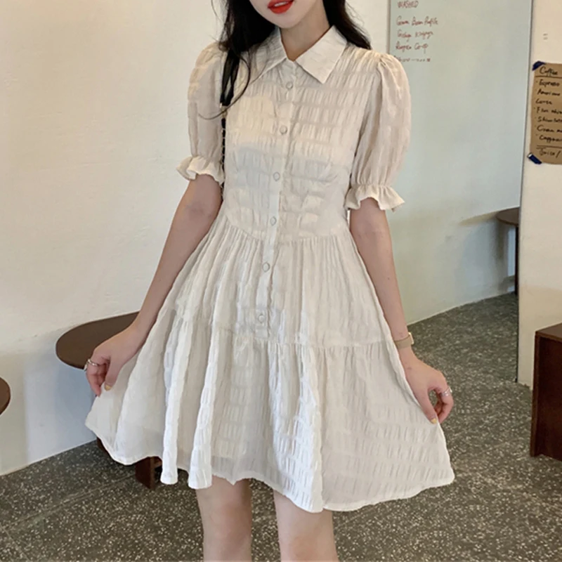 Women Vintage Fashion Elegant Ruffle Sweet Chic Button Shirt Dresses 2024 Summer Casual Short Sleeve Slim Solid Fairy Mini Dress