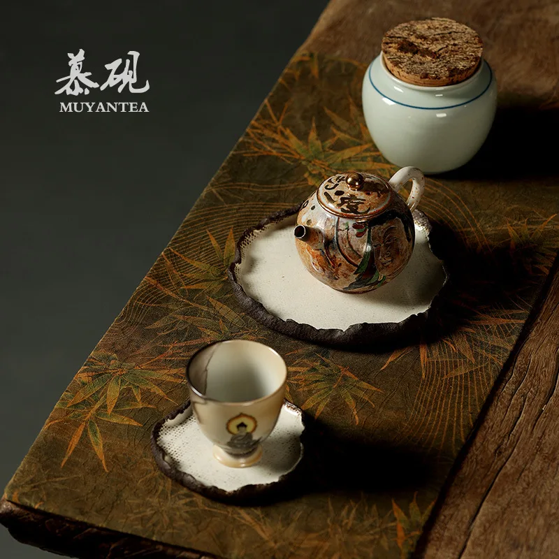 Muyan Japanese Handmade Coarse Pottery Teapot Curling Edge Coaster Ceramic Vintage Cup Mat Ceremony Tea Snack Plate Dry Brewing