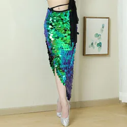 Sexy Sequin Wrap Hip Waist Beaded Embroidered Long Half Length Skirts For Women New Belly Dance Mermaid Hip Scarf Lace Up Skirt