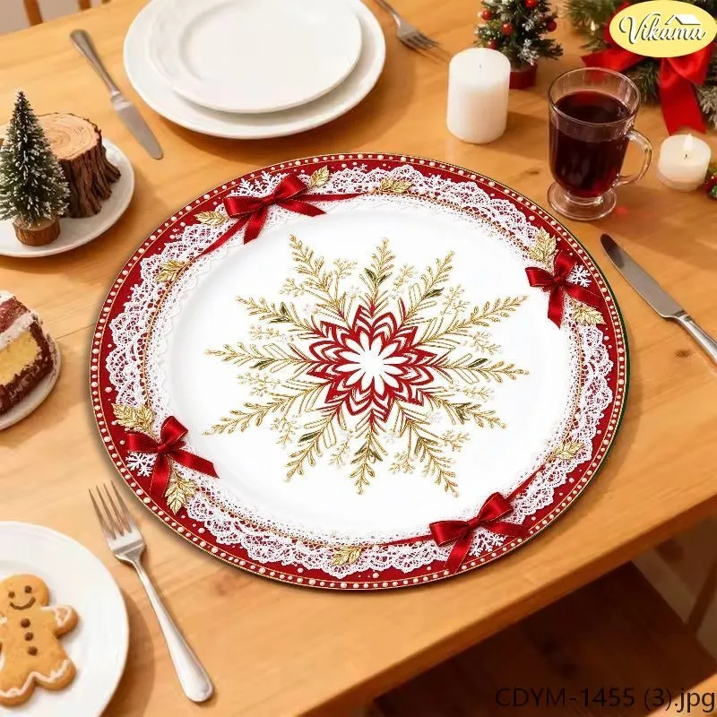 VIKAMA Washable Round Christmas Placemat, White Red Snowflake Mandala Reindeer Snowman Penguin Polar Bear Rabbit