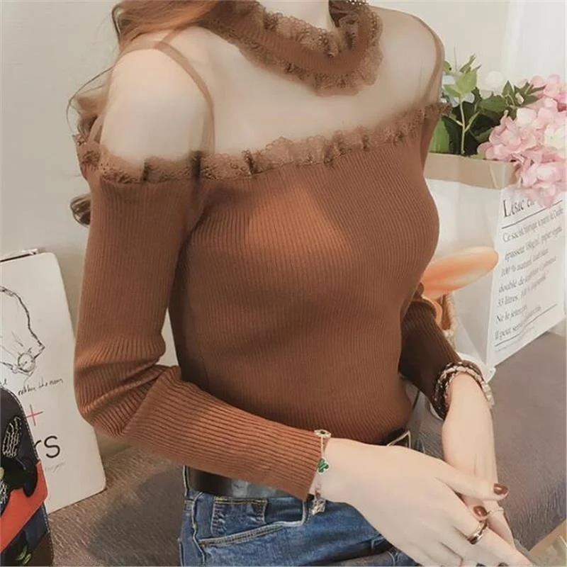 

Cleanfit Lace Base irt Women's Long Sve Slim Fit oulder Bared Korean Sle Versatile Top for Autumn Winter