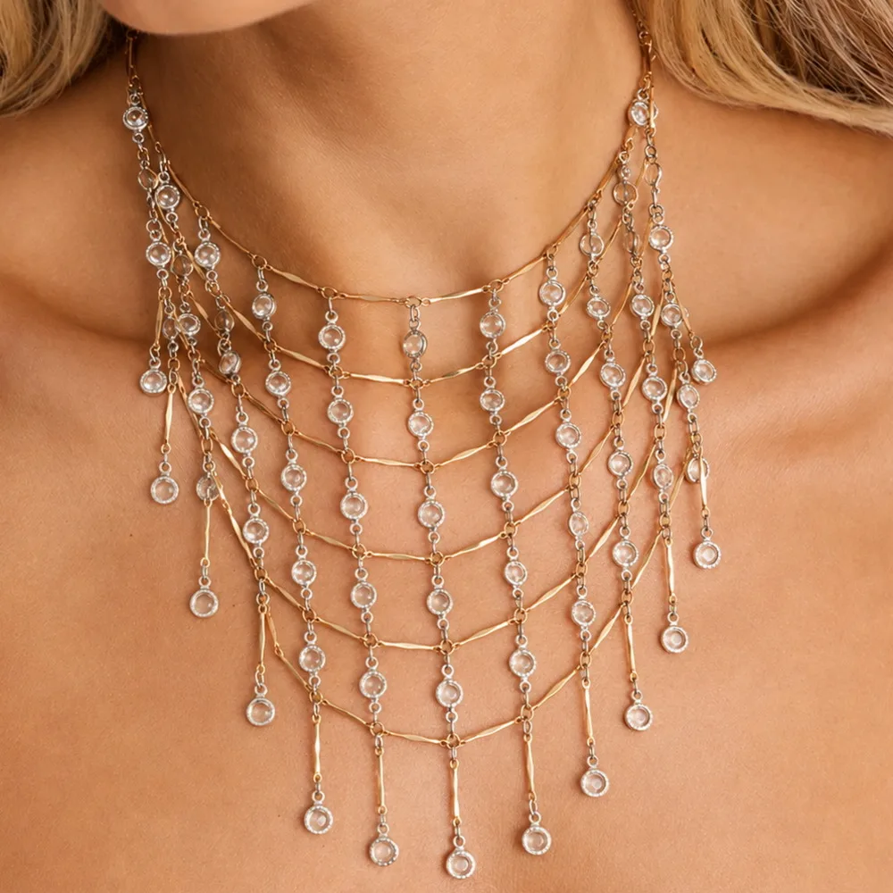 SHIXIN 2027 Charm Elegant MultiLayer Crystal Tassel Necklace Women Luxury Shiny Rhinestone Clavicle Choker Wedding Party Jewelry