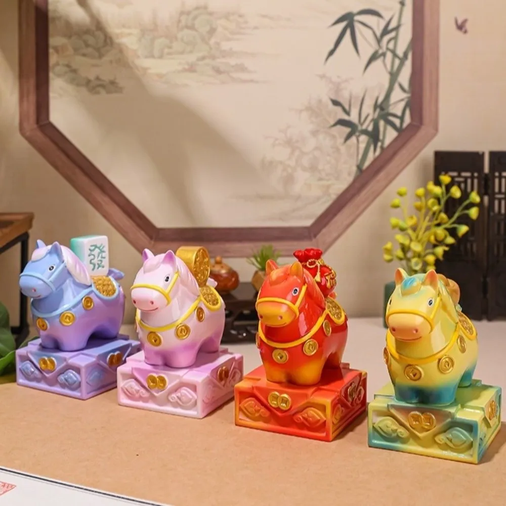 

Collectible Resin Cartoon Horse Statue Seal Shape Blessing Zodiac Horse Figurines Decorative Desktop Ornament Office Decor