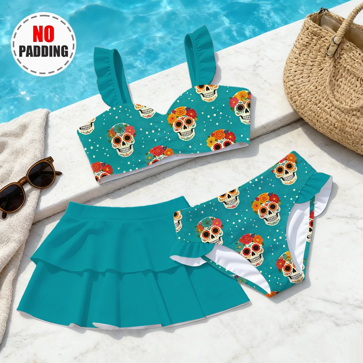 Girls' Halloween Summer Style Atmospheric Skeleton Fashion 3-Piece Swim Skirt