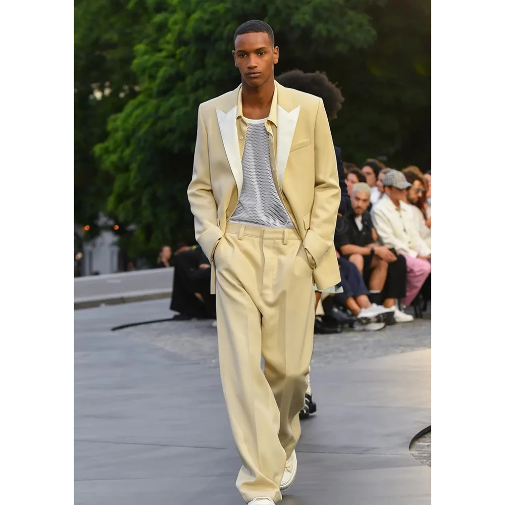 

Minimalist Casual Light Beige-Yellow Men's Suit 2 Piece Set Single-Breasted Peak Lapel Loose Fit Party Casual Male(Jacket &Pant)
