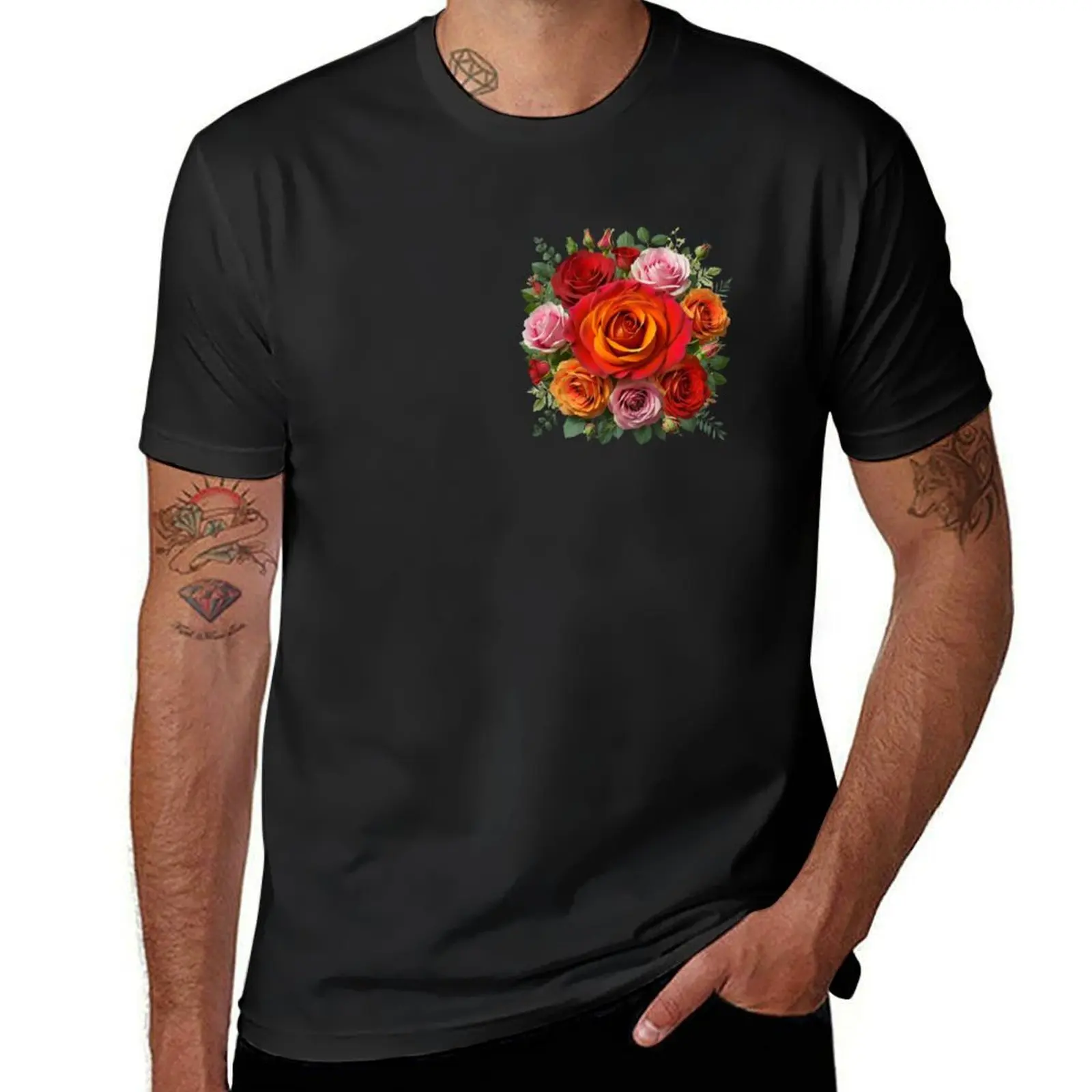 

A bouquet of roses with a red rose in the center T-Shirt korean fashion tees summer top mens plain t shirts