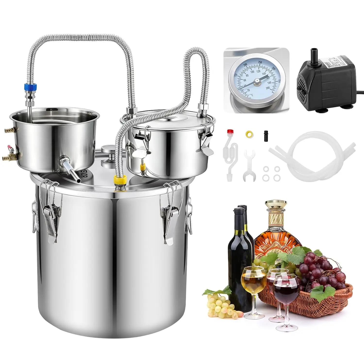 Alcohol Still, 8 GAL/ 30L Alcohol Distiller with Thumper Keg, Dual-scale Thermometer, and Water Pump, Home Brewing Kit for DIY W