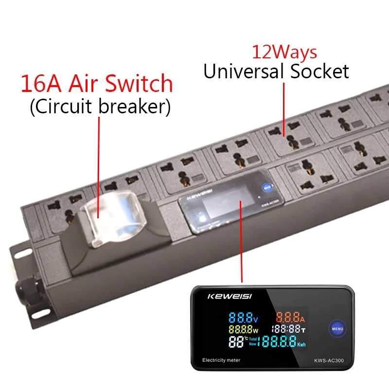 

Удлинитель PDU, 6-контактная универсальная удлинительная розетка, цифровой амперметр, вольтметр, амперметр, 16 А, автоматический выключатель, шнур 2 м