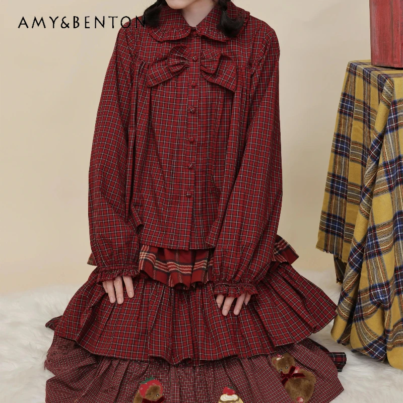 

American Retro Red Plaid Bow Lace Loose Women's Shirt 2025 Autumn New Design Sweet Slimming Versatile Long Sleeve Shirts Ladies