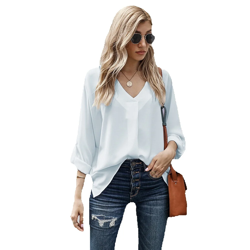 

Solid Loose Fitting Pullover Shirt For Women's Autumn New Quarter Sleeved Top 2511106