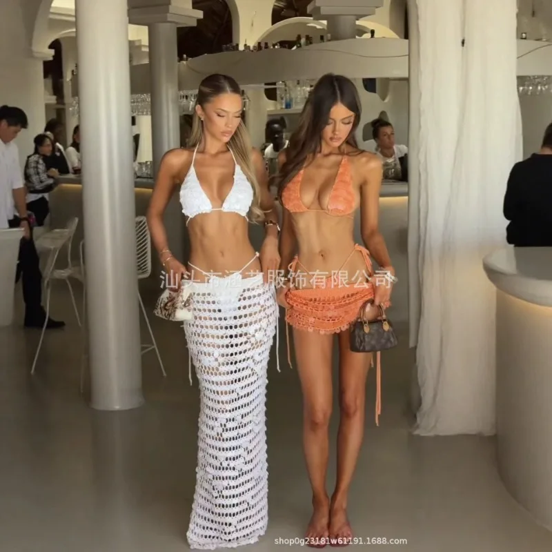 2026 Popular Sequin Crochet Bikini Set with Hollowed Out Hanging Neck and Lace Up Beach Resort Hot Girl Three Piece Set