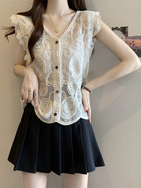 Sleeveless V-neck Lace Embroidery Short Shirt Women's Outerwear Summer plus Size Fashionable Straight Cut Single Button Closure