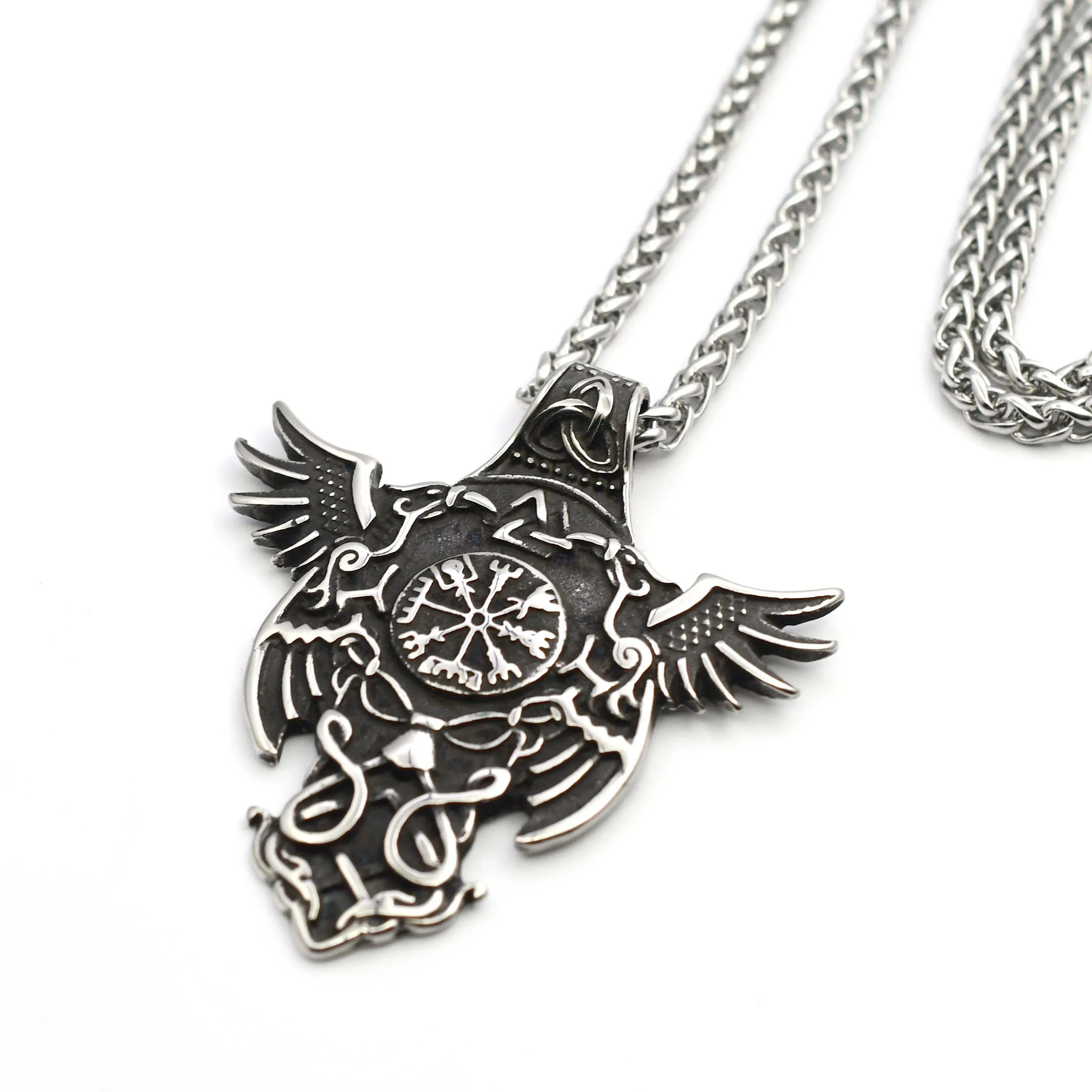 Viking Crow Stainless Steel Pendant Nordic Compass Amulet Necklace Viking Men's and Women's Jewelry