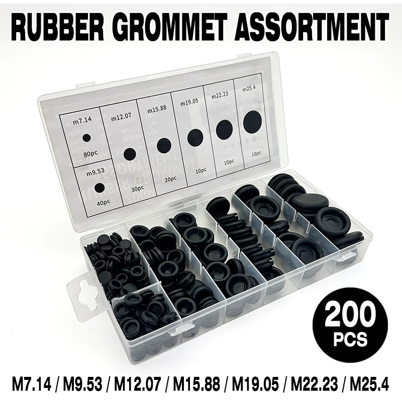 200Pcs Black Rubber Grommet Assortment Sizes M7.14/M9.53/M12.07/M15.88/M19.05/M22.23/M25.4 Dustproof Wire Protection Hole Rings