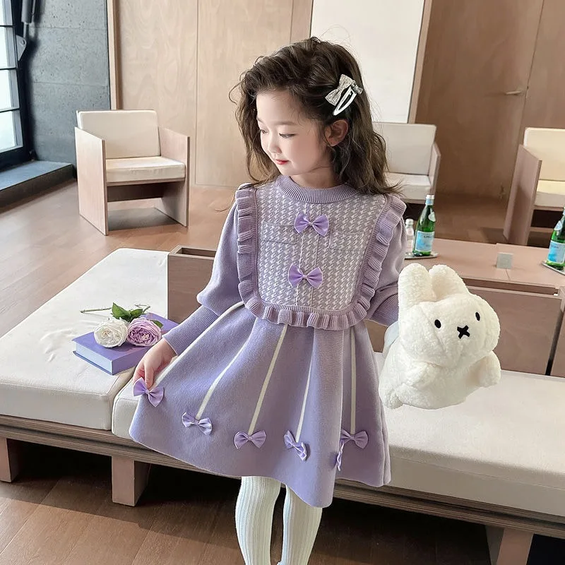 

Осень-зима 202, новое вязаное шерстяное платье принцессы для девочек, уютная весенне-осенняя праздничная одежда для маленьких детей