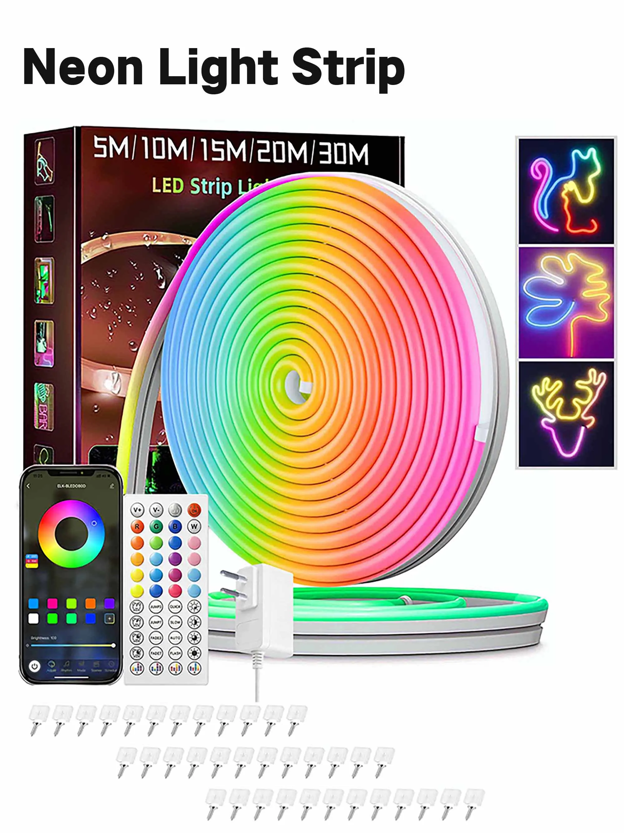 LED Neon-Lichtstreifen Bluetooth App-Steuerung 44-Tasten Musik-Synchronisation 24V 10m/15m/20m Optional Wasserdichter Flexibler Silikon RGB-Lichtstreifen