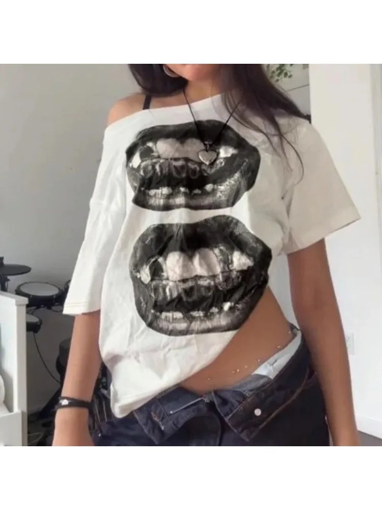 

HOUZHOU Gothic Graphic Print Women T-Shirts Off Shoulder Skew Collar 90s Style Short Sleeve Tees Loose Punk Gyaru Streetwear