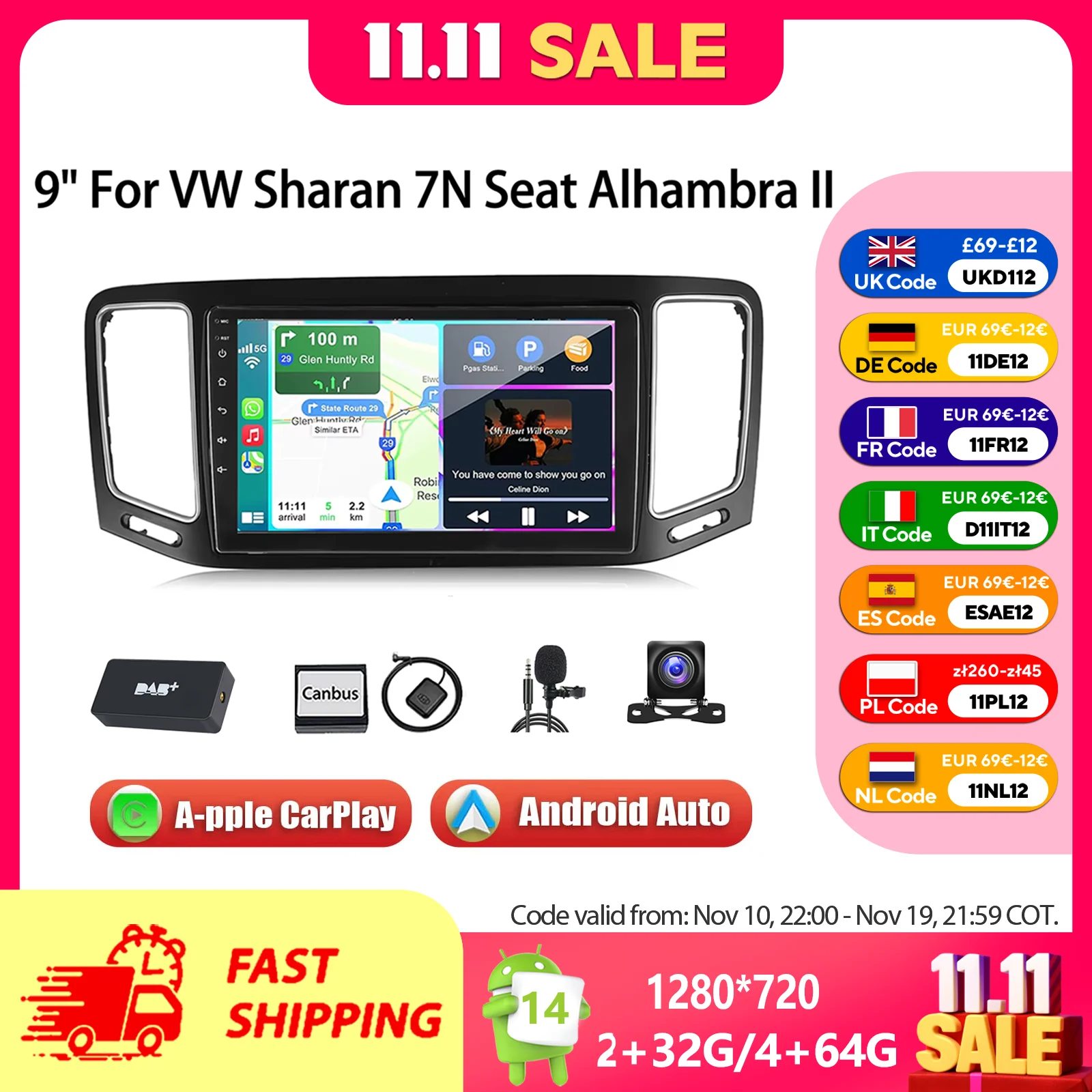 ESSGOO Schermo Touch da 9 Android 14 64GB Autoradio Carplay Wireless Android Auto GPS per VW Sharan II 7N Seat Alhambra 2 2010–2021 FM WiFi BT RDS Comandi al Volante Mirror Link DAB+