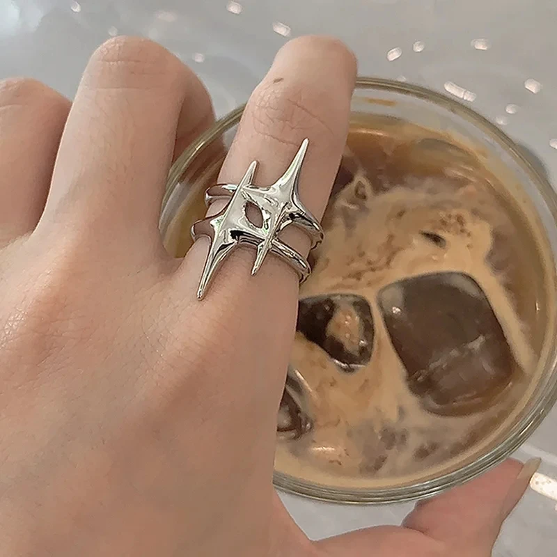 Punk Silver Color Copper Stars Open Rings for Women Men Fashion Adjustable Couple Rings Y2K Hip Hop Vintage Ring Jewelry Gift image 3