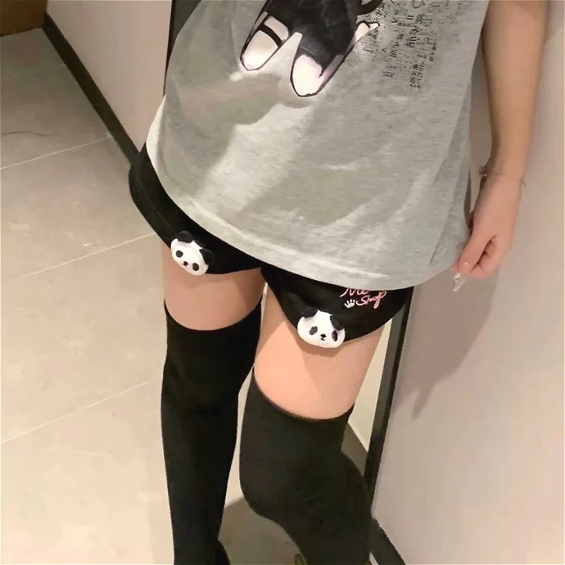 Sommer-Panda-Shorts für Damen 2025, japanischer Buchstabe ​ Stickerei-Hose mit hoher Taille und weitem Bein, Y2k-Ästhetische Taschen-Shorts, Pantalones