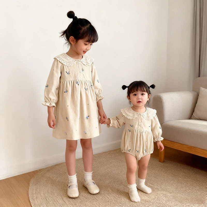 Neue 2-6Yrs Kleidung Herbst Schwestern Kinder Prinzessin Kleider Mädchen Party Kleid Cord Stickerei Baby Mädchen Strampler Kinder Kleidung