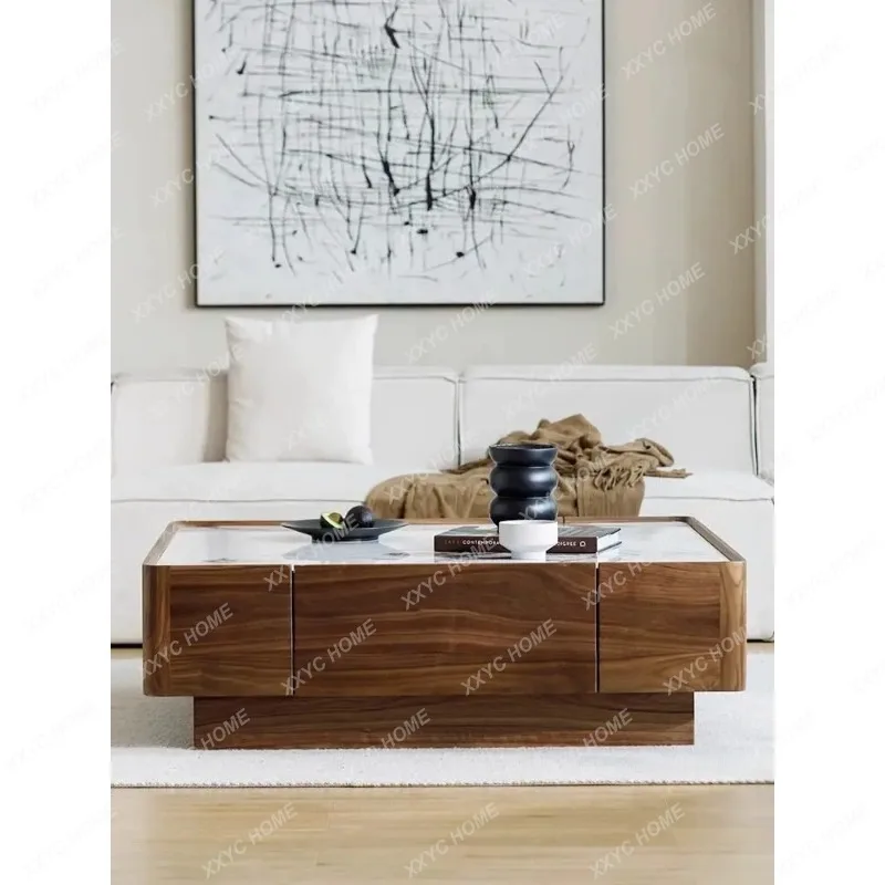 XXHousehold tea table simple solid wood  style  black walnut wood rock slab coffee table living room square