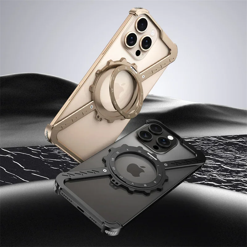 Z Shape Rimless Metal Titanium Case For iPhone 16 Pro Max 15 14 Plus Aluminum alloy Bumper 360 Rotating Magnetic Bracket Cover