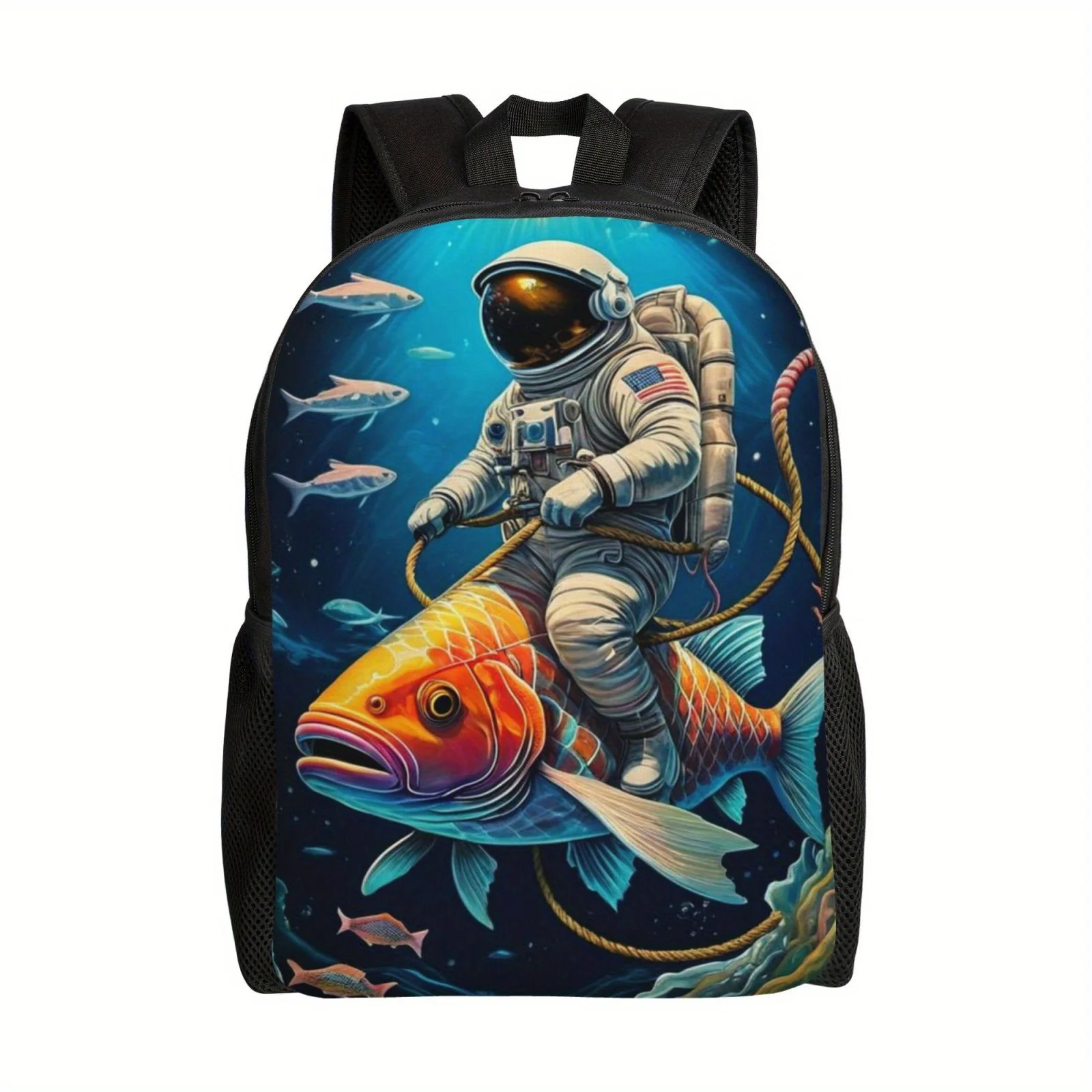 Fun astronaut and fish patterned leisure backpack, university hiking camping lightweight computer bag, laptop shoulder bag