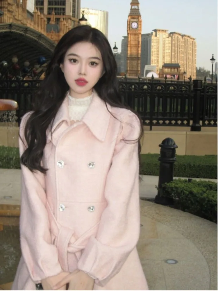 Pink Tweed Jacket Women's Autumn/winter Sweet Style Lapel Tweed Coat Hepburn Style High-end Sense Retro Slim Top