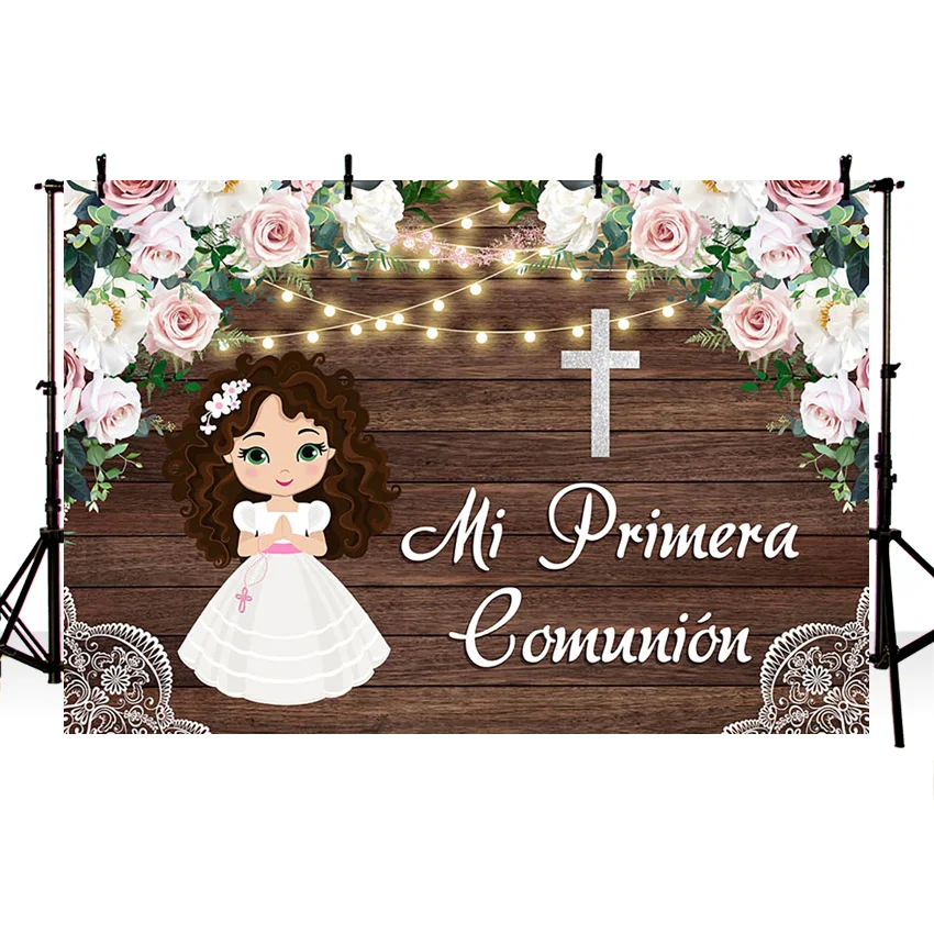 Mehofond My First Communion Photography Background Baptism Little Princess God Bless Wood Backdrop Flower Photo Studio Photozone