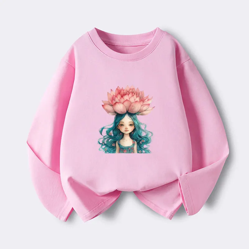 

2025 New Y2K Tops Lotus Girl Graphic Print Baby Girls T-shirt Pink Cotton Kids Tops Tee Autumn Fashion T Shirt 6 8 10 12 Years