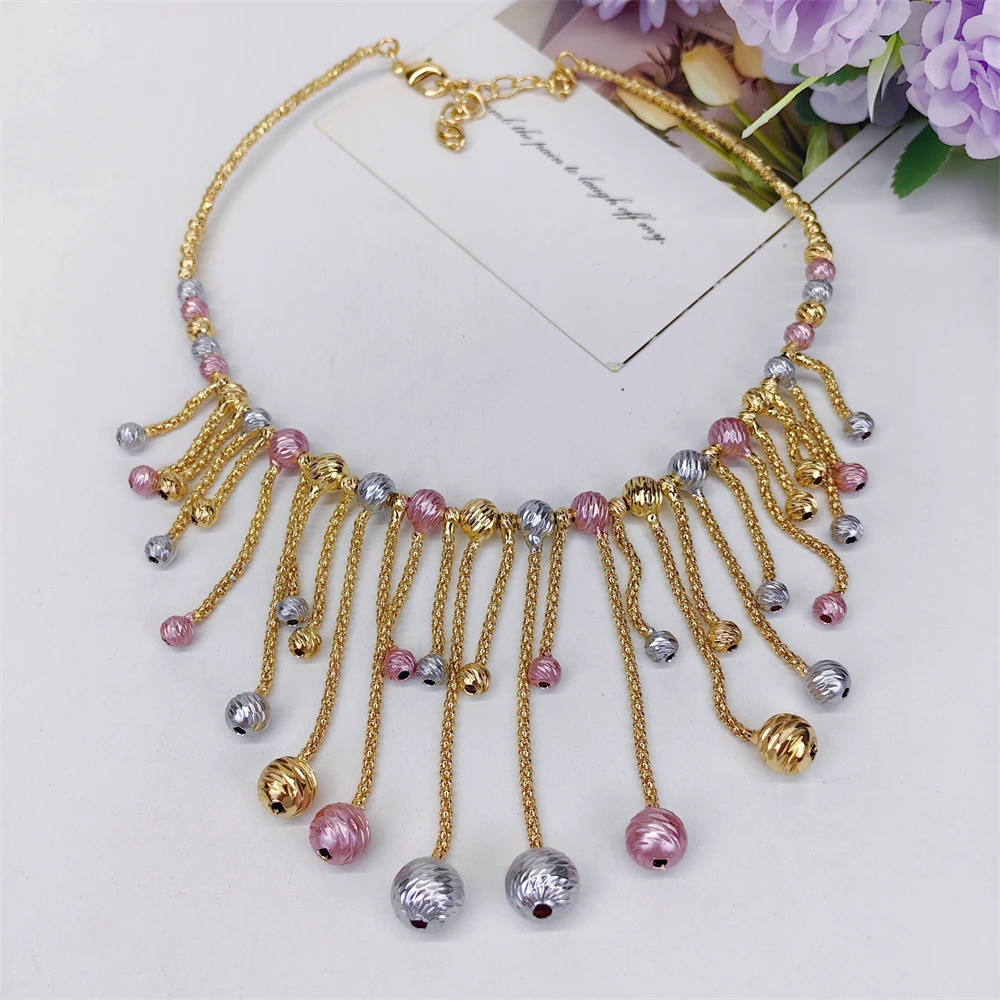 ESALE Luxury 3 Tone Jewelry Set Geometric Wave Bead Statement Necklace Earrings Bangle Ring 4Pcs Bridal Wedding Party Jewellery