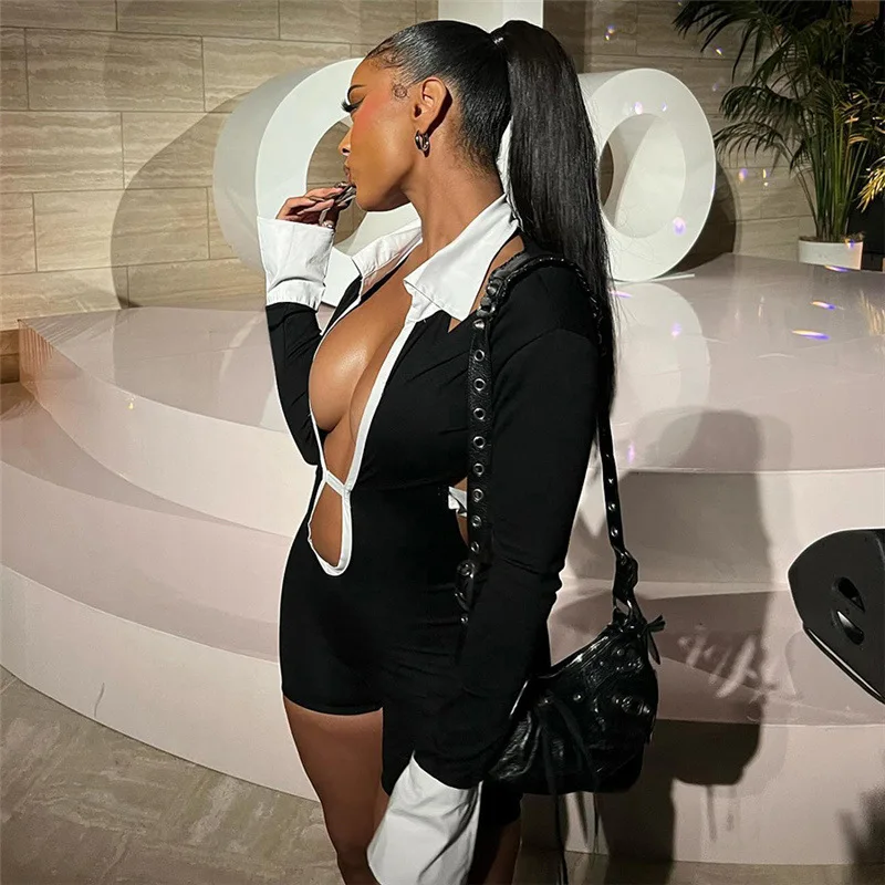 Sexy Hot Girls Slim Tute corte Moda donna Nero Bianco Profondo scollo a V Backless Leace-up Bodycon Tuta Party Club Abbigliamento