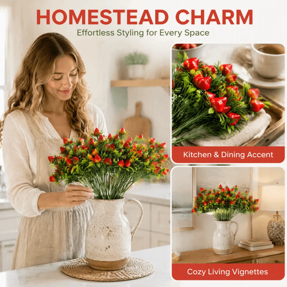 6 Pcs 12.6 Inch Artificial Strawberry Plant No Thorns Lifelike Design Faux Strawberry Stem Handcrafted Fake Strawberry Bouquet