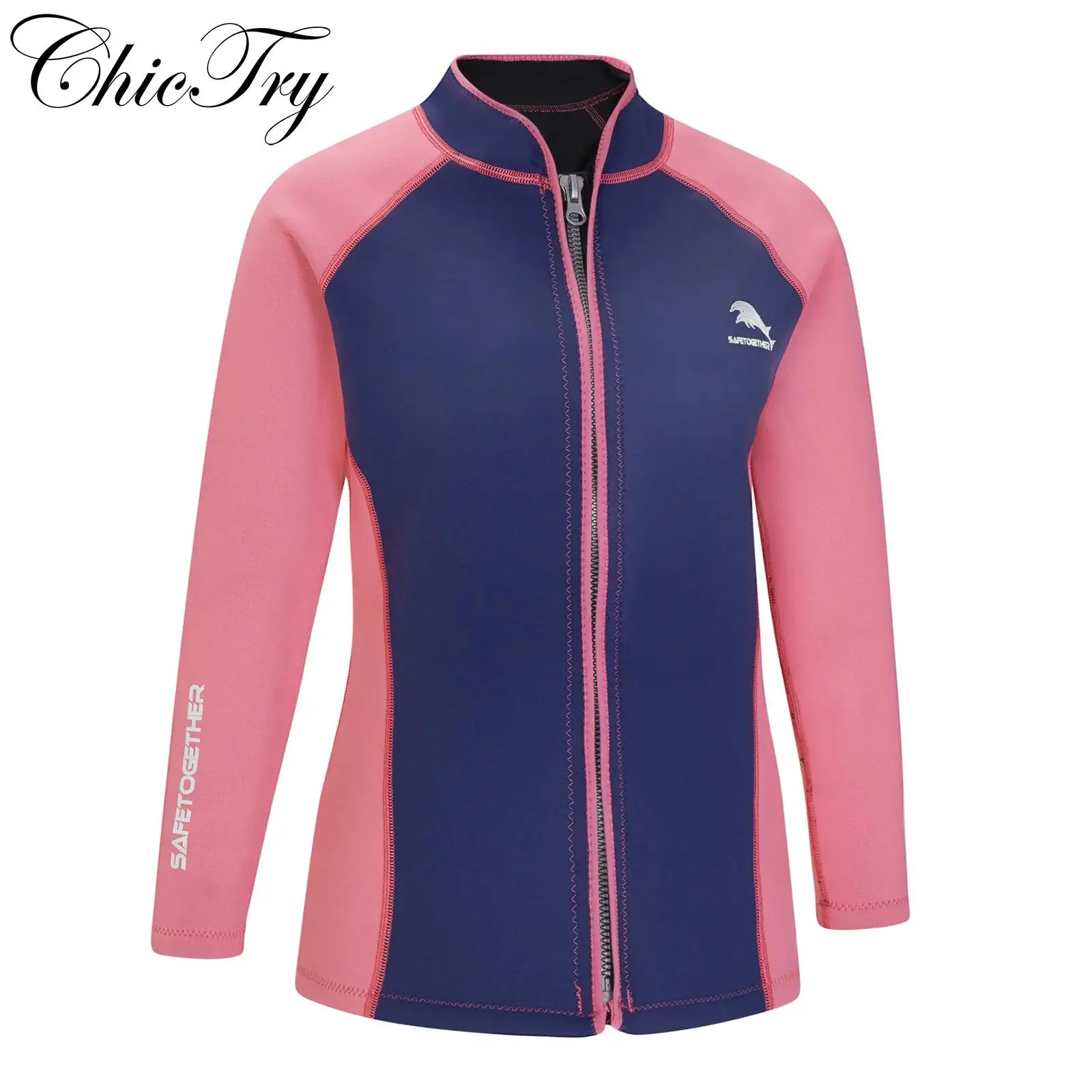 

Womens Swim Coat 2mm Neoprene Wetsuit Top Long Sleeve Zipper Color Block Surfing Thermal Jacket for Swimming Snorkeling Diving