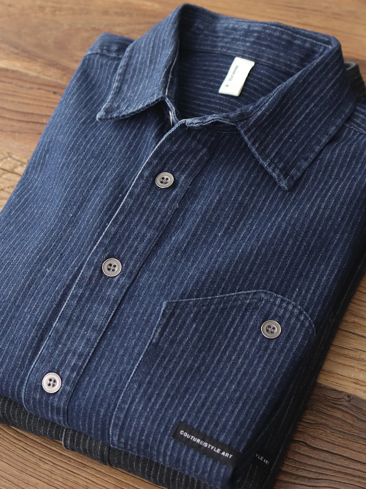 

Retro Japanese Sle Thiened Long Sve Denim irt Men's Casual Outerwear with Vertical Stripe Waed out Design Autumn Wear