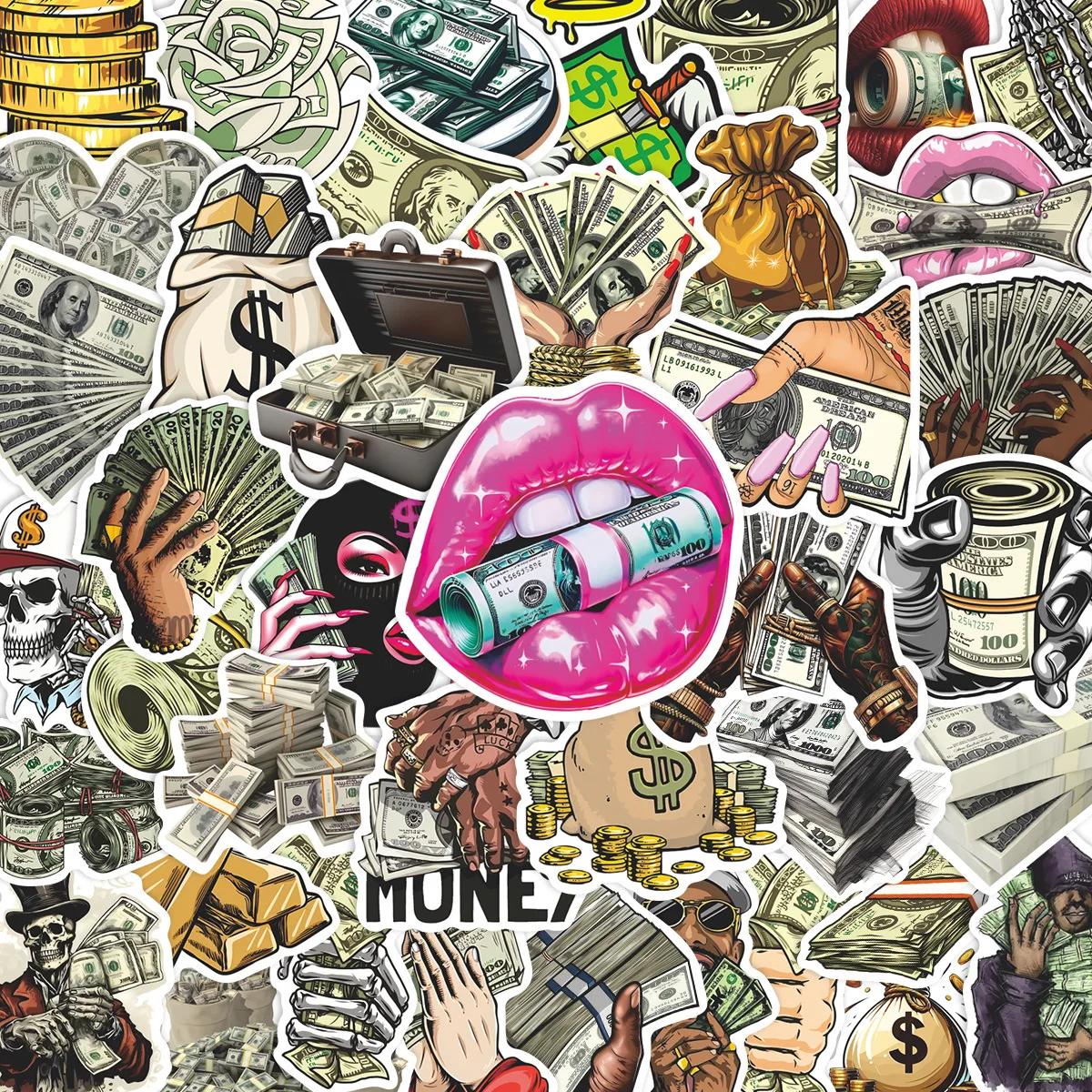 50 pièces dessin animé Dollar signe rétro argent Graffiti autocollant bricolage décoration PVC étanche Skateboard cahier Graffiti jouet
